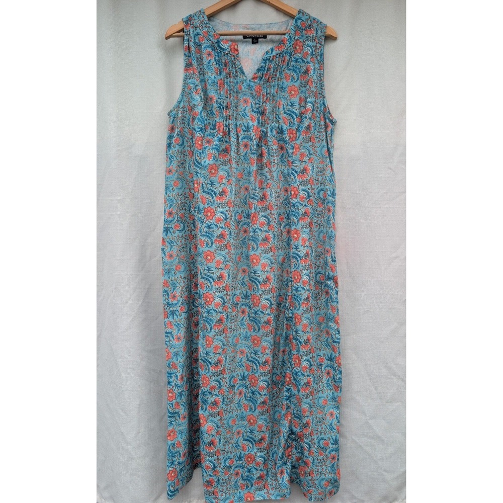 Chadwicks Linen Midi Dress Womens Large L‎ Blue Block Print Floral Pintuck Pleat